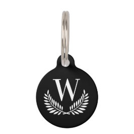Zwart-wit klassieke krans monogram initiaal hond huisdierpenning