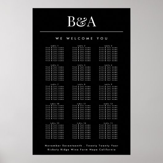 Zwart & Wit Klassieke Namen Bruiloft Zitkaarten Poster (Voorkant)