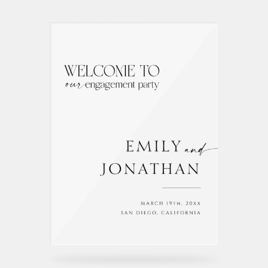 Zwart-wit klassieke verlovingsfeest welkom acryl bord (Voorkant)