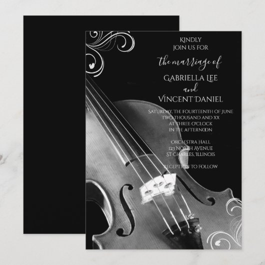 Zwart-wit klassieke viool bruiloft kaart (Voorkant / Achterkant)