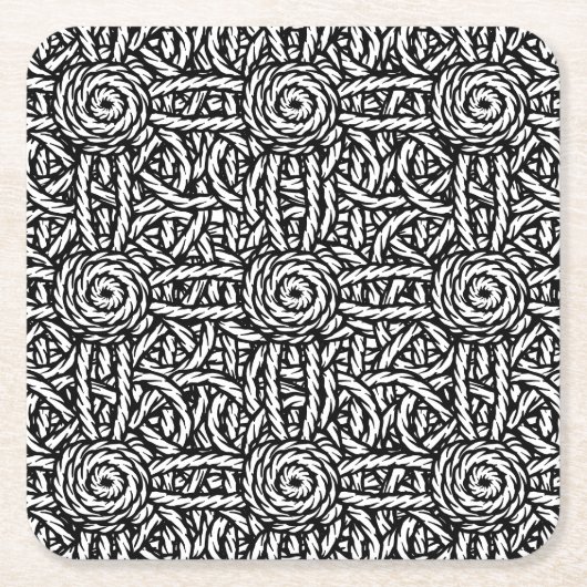 Zwart-wit knopen en touwen macrame stijl kartonnen onderzetters (Voorkant)