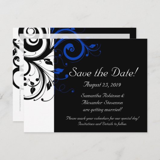 Zwart/Wit/Kobalt Blauw Bold Sla de datum op Aankondigingskaart (Voorkant / Achterkant)