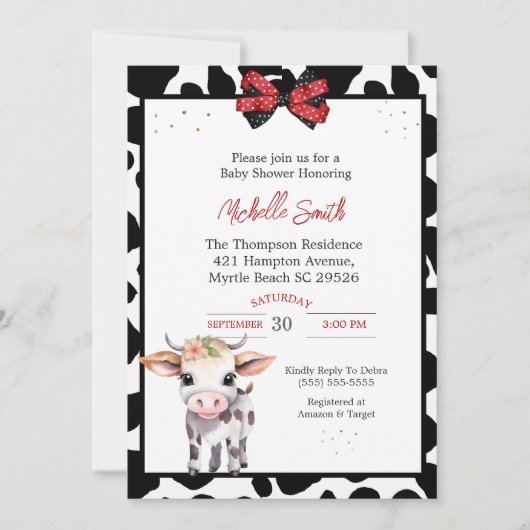 Zwart Wit Koe Baby Douche Invitations Kaart (Voorkant)