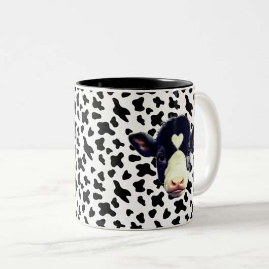 Zwart-wit Koe Gezicht Tweekleurige Koffiemok (Voorkant rechts)
