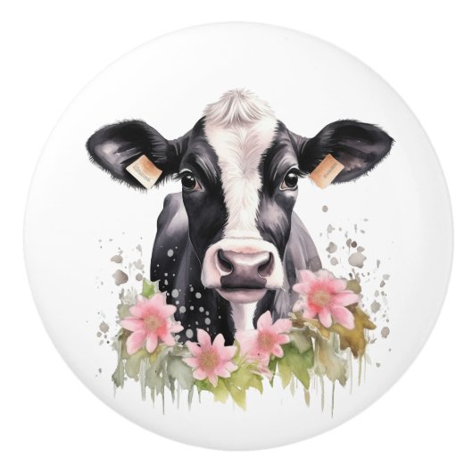 Zwart-wit Koe in bloei Keramische Knop (Voorkant)