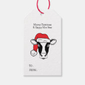 Zwart-wit koe in kerstmuts Grappig Kerstfeest Cadeaulabel (Voorkant)