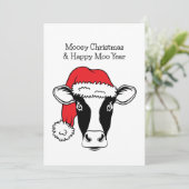Zwart-wit koe in kerstmuts Grappig Kerstfeest Feestdagenkaart (Staand voorkant)