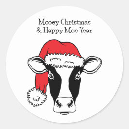 Zwart-wit koe in kerstmuts Grappig Kerstfeest Ronde Sticker