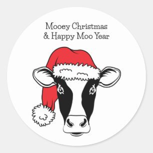 Zwart-wit koe in kerstmuts Grappig Kerstfeest Ronde Sticker