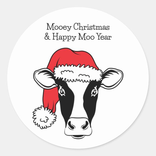 Zwart-wit koe in kerstmuts Grappig Kerstfeest Ronde Sticker (Voorkant)
