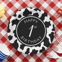 Zwart & Wit Koe Print Cowboy Eerste Verjaardag Papieren Bordje