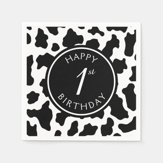 Zwart & Wit Koe Print Cowboy Eerste Verjaardag Servet (Voorkant)