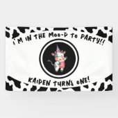 Zwart & Wit Koe Print Eerste 1e Verjaardagsfeest Spandoek (Horizontaal)