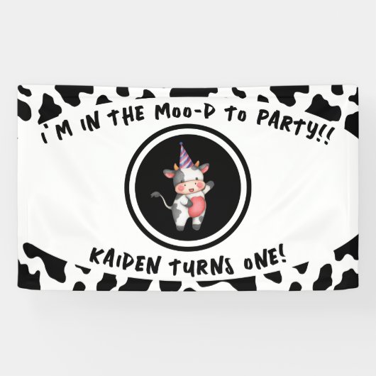 Zwart & Wit Koe Print Eerste 1e Verjaardagsfeest Spandoek (Horizontaal)