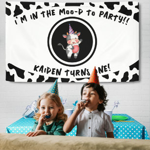 Zwart & Wit Koe Print Eerste 1e Verjaardagsfeest Spandoek