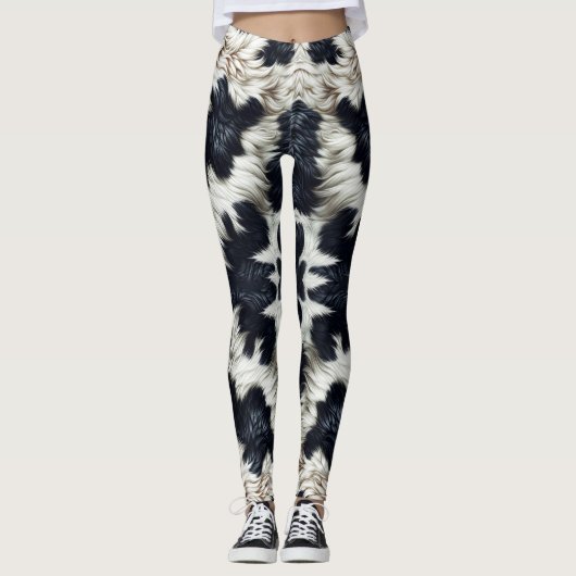 Zwart & Wit Koe Spots Furry Look Leggings (Voorkant)