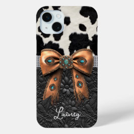 Zwart-Wit Koeienhuid Leer Gejewelde Strik iPhone 15 Mini Hoesje