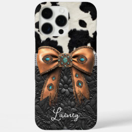 Zwart-Wit Koeienhuid Leer Gejewelde Strik iPhone 16 Pro Max Hoesje