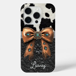 Zwart-Wit Koeienhuid Leer Gejewelde Strik iPhone 15 Pro Case
