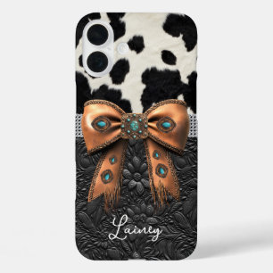 Zwart-wit koeienhuid leer met juwelen boog iPhone 16 plus hoesje