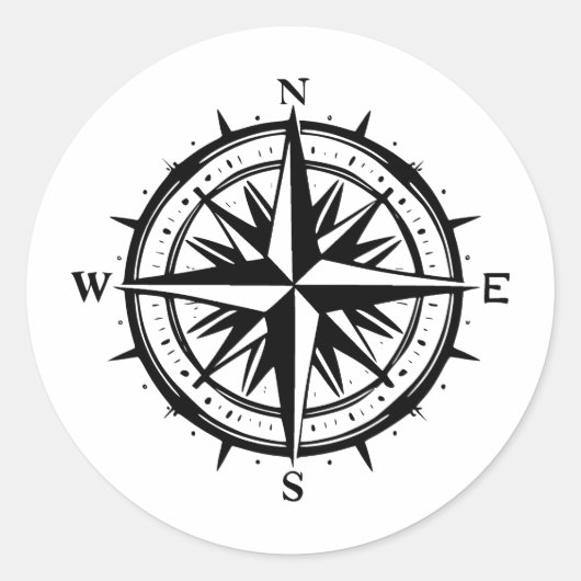 Zwart-wit kompas Roos artwork Ronde Sticker (Voorkant)