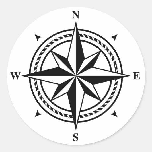 Zwart-wit kompas roos postzegel ronde sticker (Voorkant)