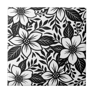 Zwart & Wit Krachtig Modern Bloemmotief  Tegeltje