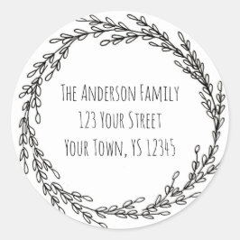Zwart Wit Krans Bloemen Adres Ronde Sticker