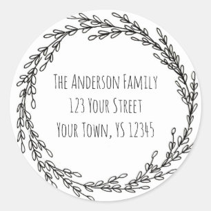 Zwart Wit Krans Bloemen Adres Ronde Sticker