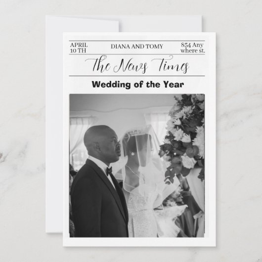 Zwart-wit  krant bruiloft kaart (Voorkant)