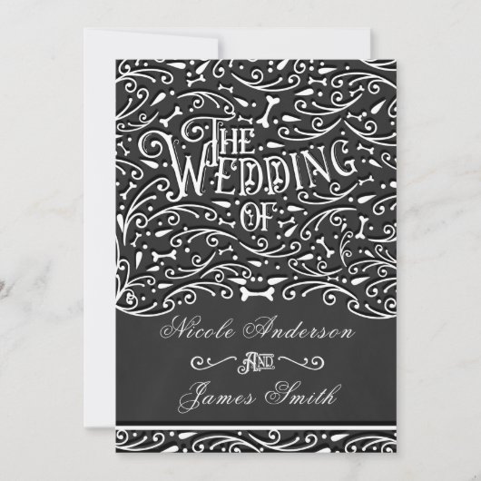 Zwart & Wit Krijt Ornament Botten Huwelijk Kaart (Voorkant)