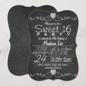 Zwart & Wit Krijtbord Rustiek Sweet 16 Party Kaart (Voorkant / Achterkant)