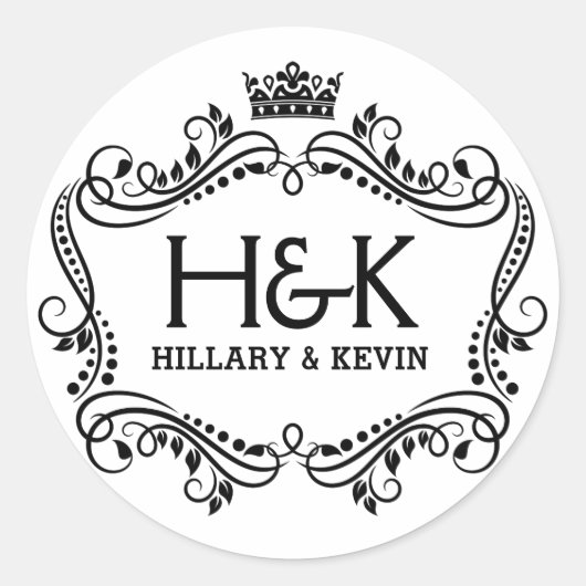 Zwart-wit kroon & bloemig lijst ronde sticker (Voorkant)