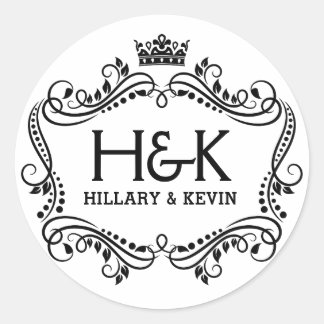 Zwart-wit kroon & bloemig lijst ronde sticker