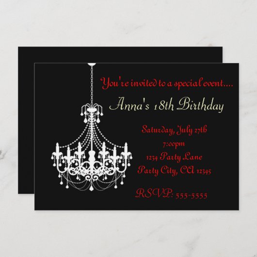 Zwart & Wit Kroonluchter Elegante Feestuitnodiging Kaart (Voorkant / Achterkant)