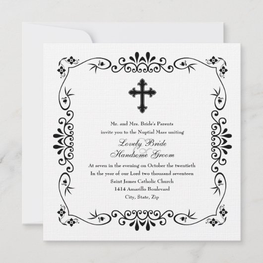 Zwart-wit kruis Katholieke bruiloft uitnodiging (Voorkant)