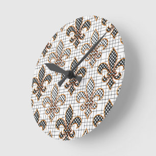 Zwart Wit Kruisarcering Stippen Fleur-de-lis  Ronde Klok