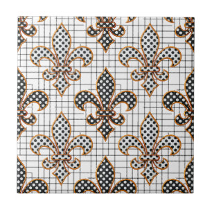 Zwart Wit Kruisarcering Stippen Fleur-de-lis Tegeltje