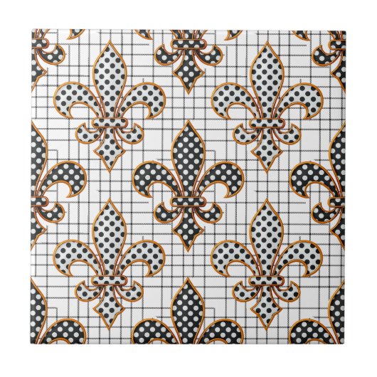 Zwart Wit Kruisarcering Stippen Fleur-de-lis Tegeltje (Voorkant)