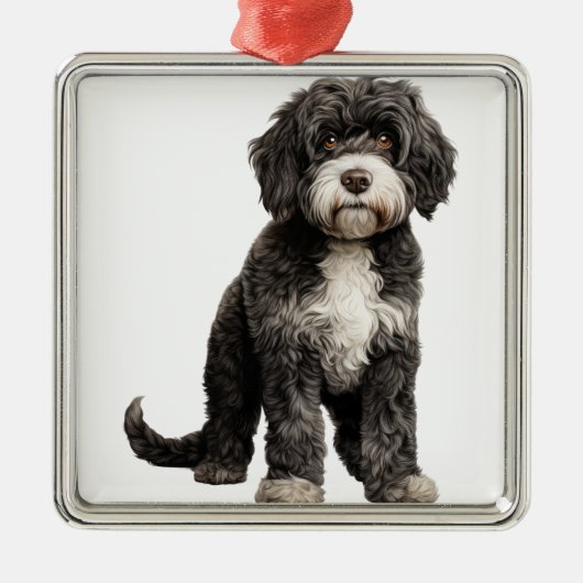 ZWART-WIT KRULLENDE PORTUGESE WATERHOND METALEN ORNAMENT (Voorkant)