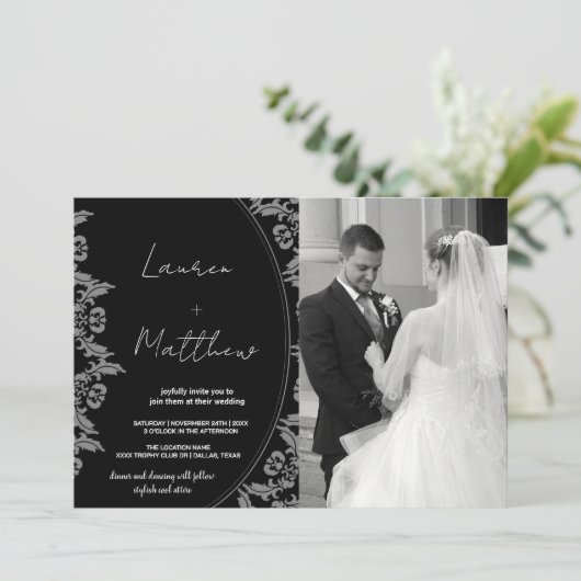 Zwart Wit Kunst Bruiloft Uitnodigingen met foto (Staand voorkant)