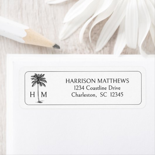 Zwart-Wit Kust Palmetto Palm Monogram Etiket (Insitu)