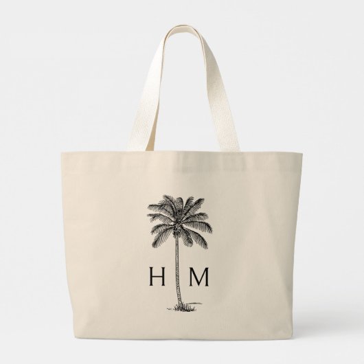 Zwart-wit Kustpalm Monogram Grote Tote Bag (Achterkant)