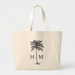 Zwart-wit Kustpalm Monogram Grote Tote Bag
