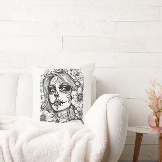 Zwart-wit La Catrina Kussen (Bank)