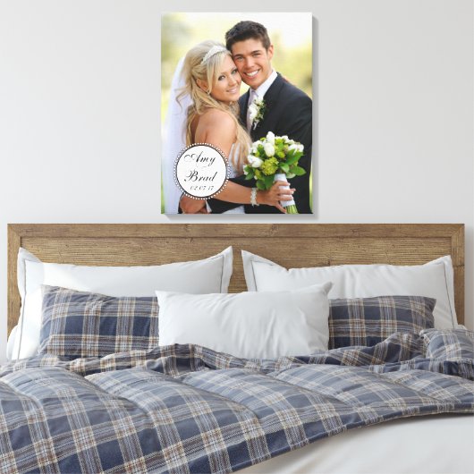 Zwart Wit Label Bruiloft Foto Keepsake Canvas (Insitu (Slaapkamer))