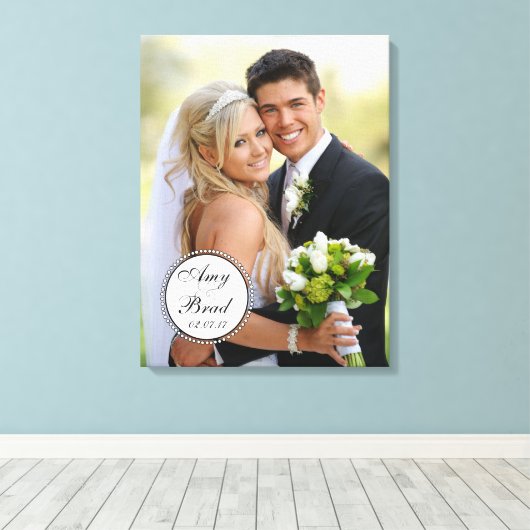 Zwart Wit Label Bruiloft Foto Keepsake Canvas (Insitu (Houten vloer))