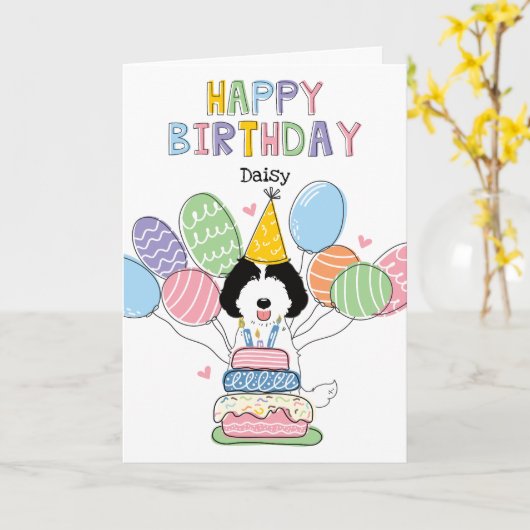 Zwart Wit Labradoodle Dog Happy Birthday Kaart (Gele Bloem)