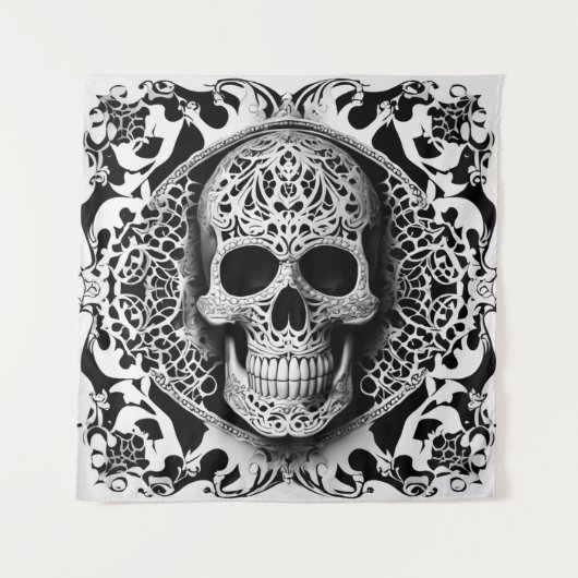 Zwart & Wit lachend Lace Skull Tapestry Wandkleed (Voorkant)