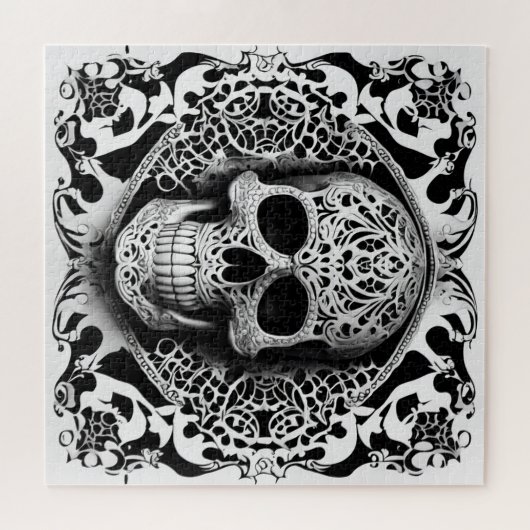 Zwart & wit lachende kanten schedel legpuzzel (Horizontaal)